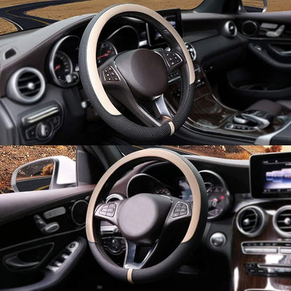 COFIT Breathable Car Steering Wheel Cover 15 inch Auto Universal Leather Wrap Non-Slip Steeringwheel Protector Automotive Interior Accessories, Beige (Suit for 14.5-15 inch)
