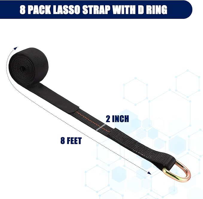 8Pack 2'' X 8ft Tow Truck Straps Lasso Wheel Lift Straps Lasso Tow Strap with D Ring 11, 000 Lbs Break Strength Auto Tie Down Auto Hauler for Trailer Truck Tie(Black)