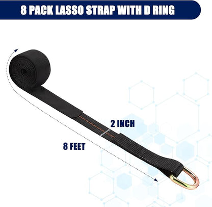 8Pack 2'' X 8ft Tow Truck Straps Lasso Wheel Lift Straps Lasso Tow Strap with D Ring 11, 000 Lbs Break Strength Auto Tie Down Auto Hauler for Trailer Truck Tie(Black)