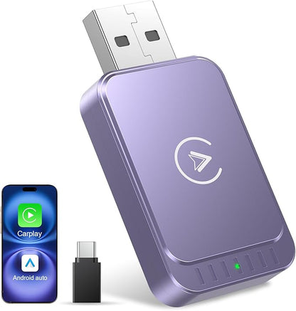 AuroraLink Wireless Carplay & Android Auto Wireless Adapter 2-in-1 Fast & Stable Carplay Wireless Adapter Convert Wired to Wireless Car Play Dongle for iOS 10+/Android 11+ (Purple)