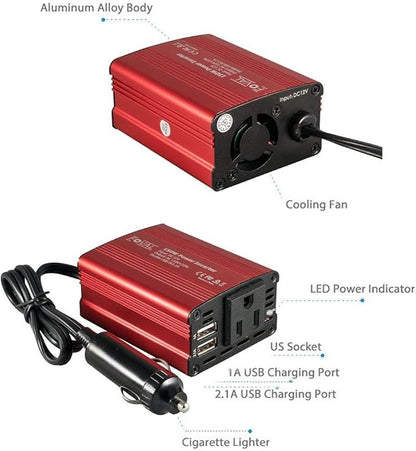 FOVAL 150W Car Power Inverter 12V DC to 110V AC Converter Vehicle Adapter Plug Outlet with 3.1A Dual USB Car Charger for Laptop Computer (Classic Red)