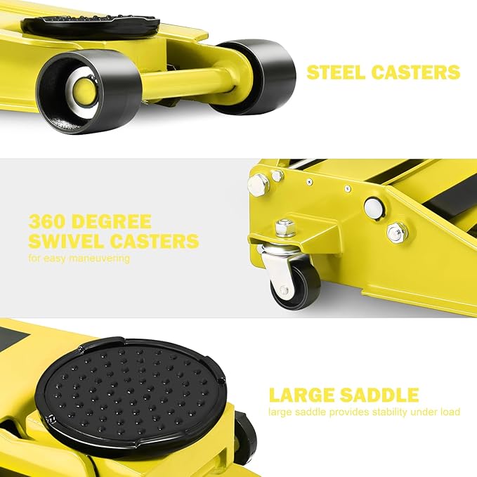 DNA MOTORING Low Profile Hydraulic Trolley Service/Floor Jack, 3 Ton (6000 lbs) Capacity Heavy Duty Hydraulic Car Jack, Lifting Range 3"-20", Yellow, TOOLS-00475-YL