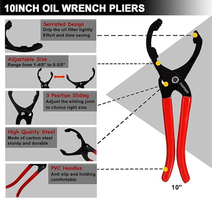 5Pcs Adjustable Oil Filter Pliers Set, Universal Oil Filter Removal Tool with Small Oil Funnel, 10" & 12" & 14" & 16" Oil Fliter Wrench From 1-1/4" to 8-1/2"