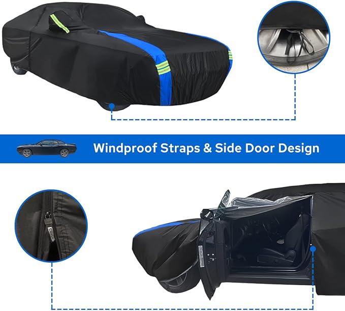 Avecrew Dodge Challenger Car Cover Waterproof All Weather for Automobiles, Outdoor Full Exterior Covers Fit 2008-2023 Dodge Challenger with Windproof Strap and Driver Door Zipper