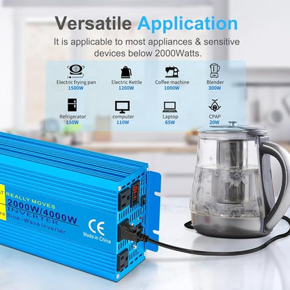 LVYUAN 2000 Watt Pure Sine Wave Inverter 24V to 110V 120V DC to AC with 3 AC Sockets, LED Display, Car Power Inverter for Vehicles Home RV Camping Truck Solar System