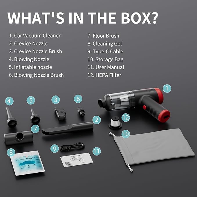 2-in-1 Car Vacuum&Air Duster,80W/16kpa/12KRPM/30 Mins,High Powerful Dust Cleaner Portable Cordless Vacuum Pro,Compressed Air Blower,Lightweight Rechargeable Handheld Mini Vacuum for Car/Home/Office