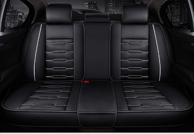 Seat Covers Full Set, Waterproof Leather Seat Covers for Cars, 5 Seats Universal Car Seat Protectors, Black Car Seat Covers Car Seat Cushions Fit for Most Cars (Black-White)