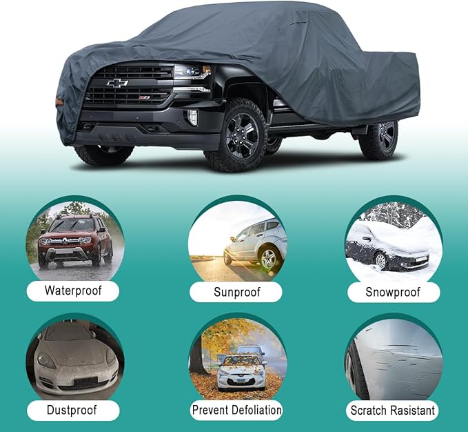 16 Layers Truck Cover Waterproof All Weater - See Vehicle Size Chart - Heavy Duty Outdoor Truck Pickup Cover for Ford F-150 F-250 F-350, Silverado, Nissan Titan. Length up to 242 inch.