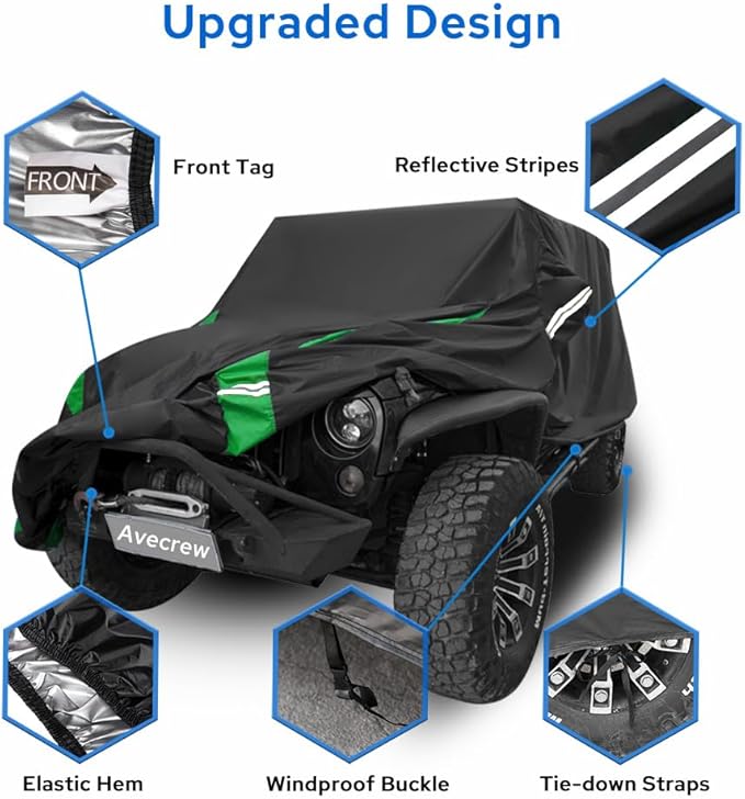 Avecrew for Jeep Wrangler Cover Waterproof 2 Door, All Weather for Jeep Rain Cover for Automobiles, Outdoor Full Exterior for Jeep Covers Fits JK JL TJ YJ CJ （Green）