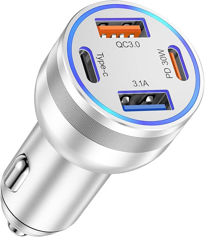 USB C Fast Car Charger, 65W 4-Port Dual USB-C & USB-A Multiport Car Phone Charger Adapter,Fast Charging Cigarette Lighter Adapter Truck Car Accessories for iPhone 16/16e/15 Pro Max,Samsung,iPad,Pixel