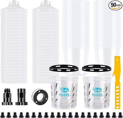 YUZES Paint Mixing Cups System 20 Ounce (600ml), 50 Disposable Paint Cups Liners and Lids, 2 Hard Cup with Retainer Ring, 20 Plugs, PTFE Tape, Paint Stirrer, 2 Cup Adapter for Automotive Paint Gun