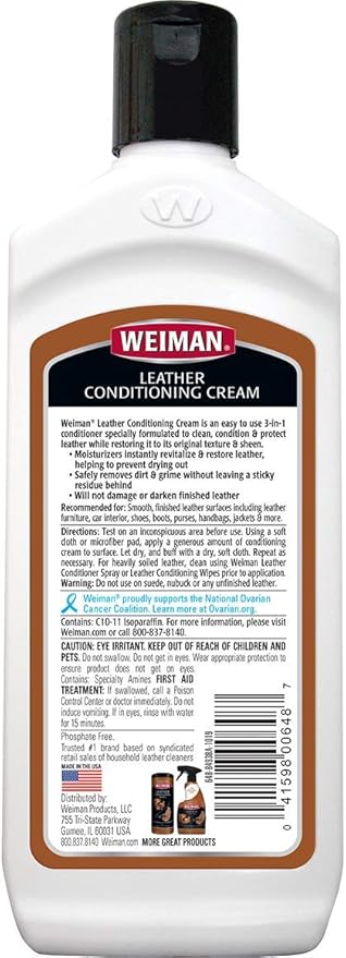 Weiman 3 in 1 Deep Leather Conditioner Cream (Microfiber Cloth) - Restores Leather Surfaces - Use on Leather Furniture, Car Seats, Shoes, Bags, Jackets, Saddles