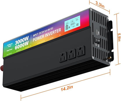 New Upgraded 3000 Watt Power Inverter,12V DC to 110V/120V AC Converter,6000W Peak Power with 3 AC Outlets,3.4A USB Port,LED Display Car Inverter for Vehicles,Truck,RV,Outdoor Activities,Solar System
