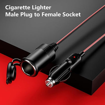 KEWIG 12/24V Car Cigarette Lighter Extension Cord - 4.9FT Cigarette Lighter Plug Cable- 16AWG Heavy Duty Extension Cable with 15A Fuse and LED Indicator