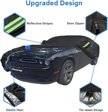 Avecrew Dodge Challenger Car Cover Waterproof All Weather for Automobiles, Outdoor Full Exterior Covers Fit 2008-2023 Dodge Challenger with Windproof Strap and Driver Door Zipper