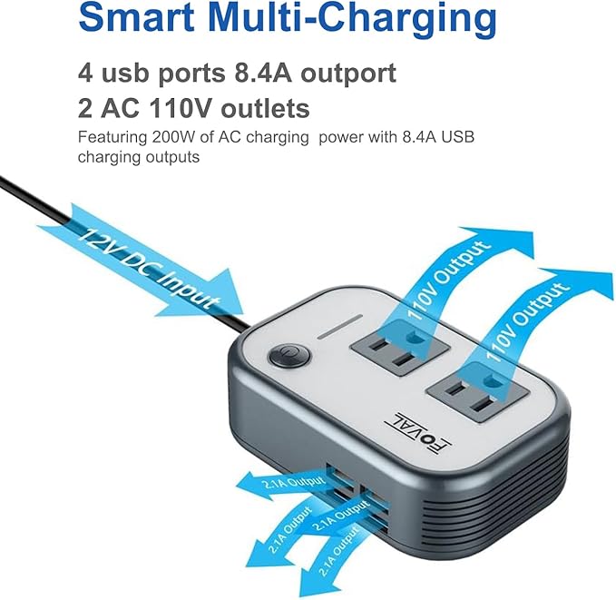 200W Car Power Inverter, FOVAL 12V DC to 110V AC Car Inverte with 4 USB Ports Car Outlet Adapter, Power Inverter for Vehicles, Car Plug Adapter Outlet for Laptop Computer Charger