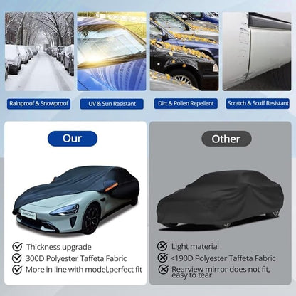 6 Layer Heavy Duty Car Cover Waterproof All Weather Protection with Cotton Liner, Universal Fit Lincoln MKZ, Chrysler 300, Tesla Model S, Cadillac CTS CT5, Dodge Challenger Charger