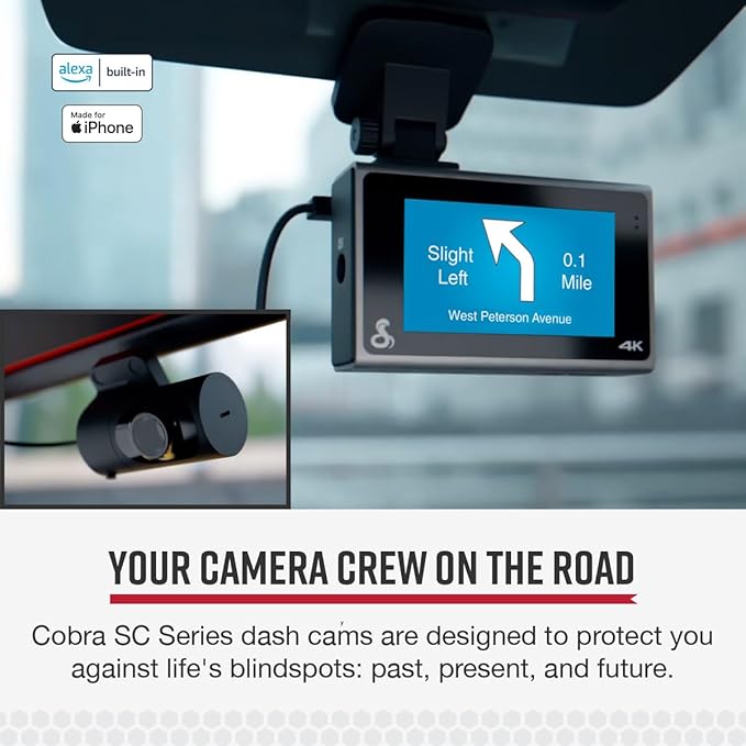 Cobra SC 400D Smart Dash Cam + Rear Cam and 2.5A OBDII Port to Micro-USB Hardwire Kit: Dual-View with UHD 4K Resolution, Built-in Wi-Fi & GPS, Live Alerts Through Drive Smarter App