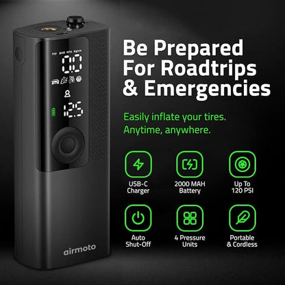 Airmoto Tire Inflator Portable Air Compressor - Air Pump For Car Tires with Digital Pressure Gauge, LED Light and Auto Shut-Off Function - Cordless Pump for Car, Motorcycle, Bicycle, Balls and More