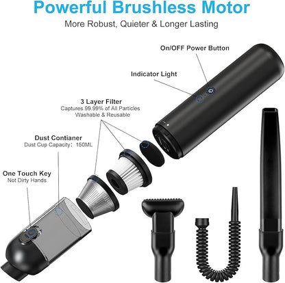 Handheld Vacuum Cordless, 16000pa Car Vacuum Cleaner High Power, 2 Speed Modes Mini Vacuum Cleaner with 2 Filters, Car Vacuum Portable Cordless with Air Blower for Home Office Pet Hair