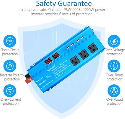 Yinleader 1000 Watt Pure Sine Wave Inverter 12V to 110V DC to AC Car Power Inverter for RV, Road Trip, Camping, Travel, 3 AC Outlets and 4 Built-in 5V/4.8A USB Ports, LCD Display, Blue