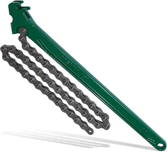 15 Inch Heavy Duty Chain Wrench for Semi Truck, Adjustable Ratcheting Oil Filter Spanner for Tool Pipe Fittings, Universal Drain, Sewer Cap, Shower Head Valve Removal