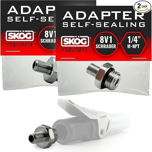 Self-Sealing Tire Inflator Adapter (2 Pack) – 1/4” NPT Male to Schrader Valve, Leak-Free O-Ring, No Tape Needed