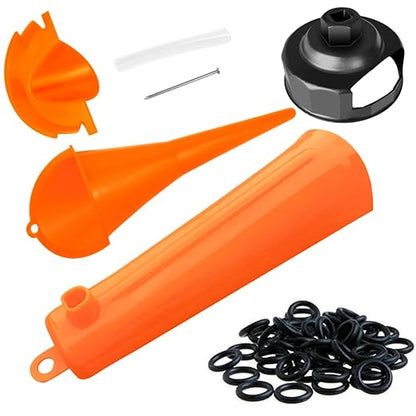 Oil Change Tool Kit for Harley Davidson Accessories,Oil Filter Wrench,Crankcase Fill Tool,Primary Case Funnel,Drip-Free Oil Filter Funnel,30PCS O-Rings