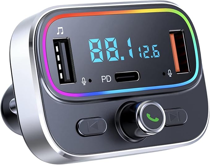 Bluetooth FM Transmitter for Car Wireless Radio Adapter Kit, Hands-Free Calling Dual Microphone, Fast Charging 18W & PD 20W for All Smartphones Audio Players, Supports TF/SD Card and USB Disk