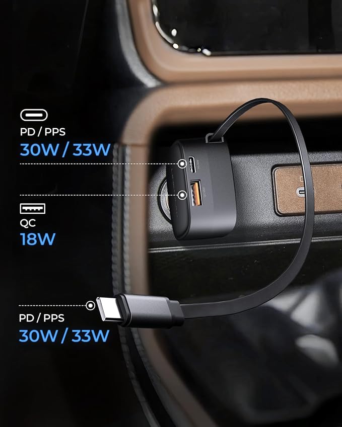 Retractable Car Charger USB C, 84W Max, Ultra-Compact, Type-C Fast Charger with Built-in Retractable USB-C Cable, Car Adapter for iPhone 16/15 Series, MacBook Pro/Air, iPad, AirPods Black