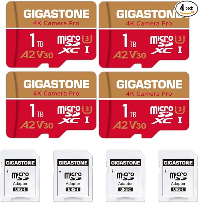 [5-Yrs Free Data Recovery] GIGASTONE 1TB Micro SD Card 4-Pack, 4K Camera Pro, R/W up to 150/130 MB/s, 4K Video Recording for GoPro, DJI, Drone, MicroSDXC Memory Card UHS-I U3 A2 V30, with Adapter