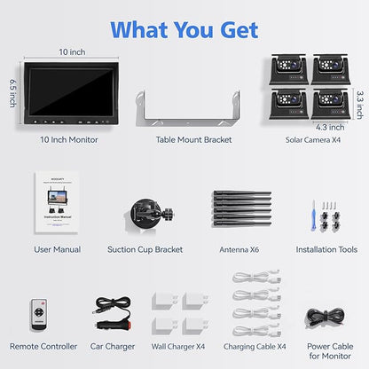 10.1" - 4 Magnetic Solar Wireless Backup Camera System, HD 1080P DVR Monitor, RV Wireless Cameras for Hitch Towing RV Camper Trailer, IR Night Vision, 4x9600mAh Rechargeable Battery, SR4