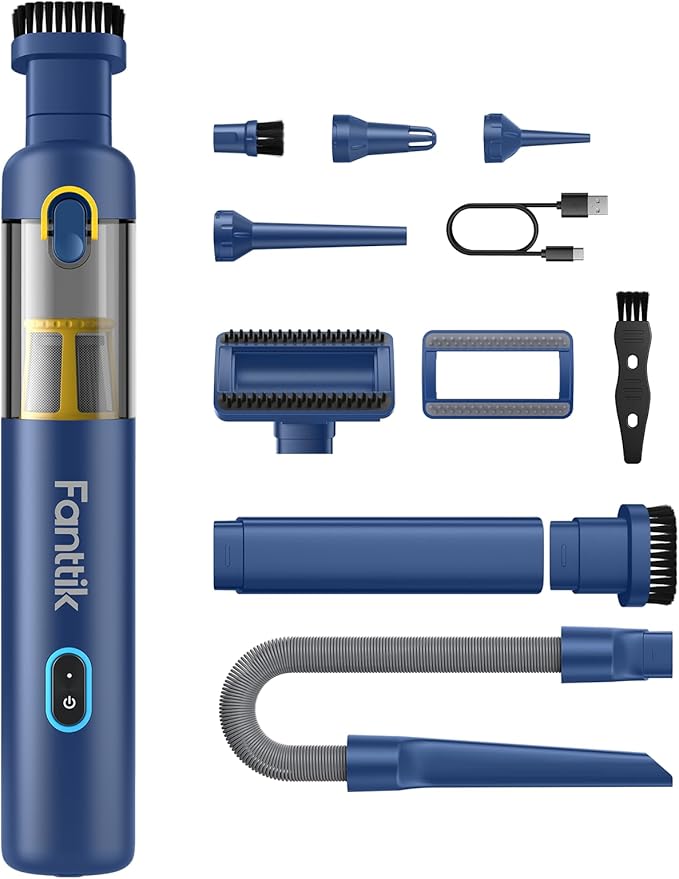 Fanttik Slim V8 APEX Car Vacuum, 4-in-1 Portable Mini Cordless Vacuum with 19000pa Suction Power, Type-C Charge, 2 Suction Modes, Handheld Vacuum for Car, Office Desk, Keyboards (Blue)