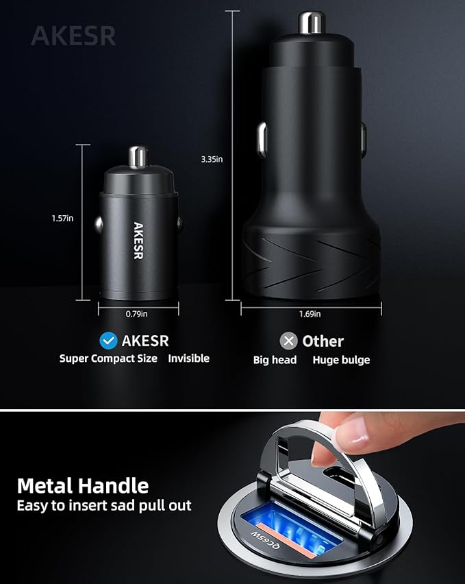 65W USB C Car Charger Fast Charging，12V USB Outlet Accesorios para Carro，Compact Cigarette Lighter Adapter，Car Phone Charger for iPhone/16/15/14/13/12 Samsung S25 S24 S23Google Android