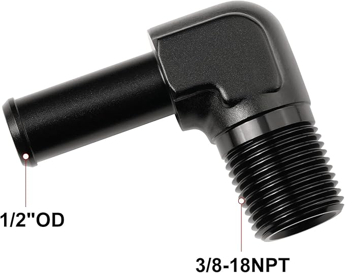 3/8 NPT Male to 1/2" Hose Barb Fitting Adapter 90 Degree Elbow Aluminum Black