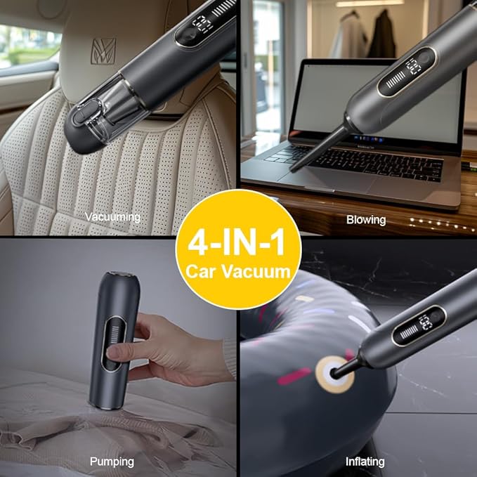 4-in-1 Handheld Cordless Car Vacuum – 19000PA, Brushless Motor, 2-in-1 Blow & Suction, Dual Modes, Type-C, Mini & Portable for Car, Home, Office, Keyboard Cleaning