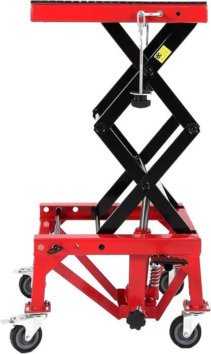 Hydraulic 350LBS Motorcycle Lift Jack - Foot-Pump Scissor Lift Table with Safety Lock, Wheels & Oil Drain Hole - Height Adjustable 13.78-34.25" for ATV, Dirt Bike, Cruiser Maintenance Red