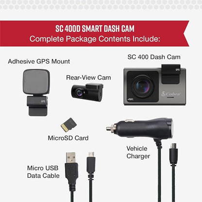 Cobra Smart Dash Cam + Rear Cam (SC 400D) – UHD 4K Resolution, Alexa Built-In, 3-Camera Capable, Live Police Alerts, Emergency Mayday, Drive Smarter App, 3" Touchscreen, Wi-Fi & GPS, 32GB SD Card Incl
