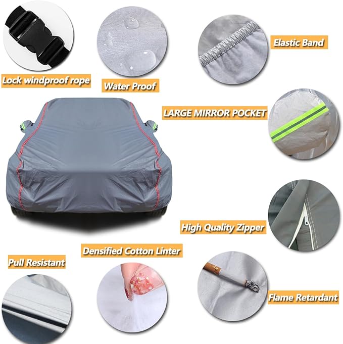 AUQDD 6-Layers PEVA New Material Sedan SUV Full Padded Car Cover Waterproof All Weather Weatherproof UV Sun Protection Snow Dust Storm Resistant Outdoor Exterior Custom Form-Fit Straps 188"-198" Grey