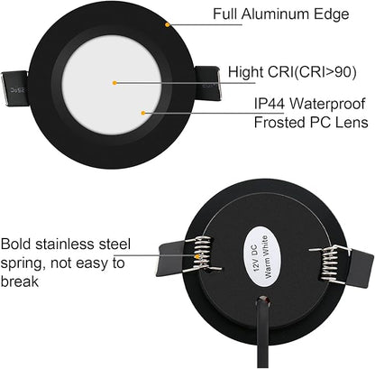12 Volt LED Puck Light RV Boat Recessed Ceiling Light Super Slim LED Panel Light with Hole Puncher DC 12V 3W Full Aluminum Downlights 6 Pack,2700-3200k