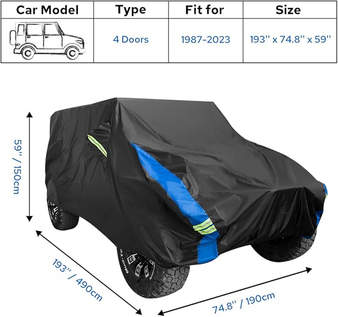 Avecrew for Jeep Wrangler Cover Waterproof 4 Door, All Weather for Jeep Rain Cover for Automobiles, Outdoor Full Exterior for Jeep Covers Fits JK JL TJ YJ CJ