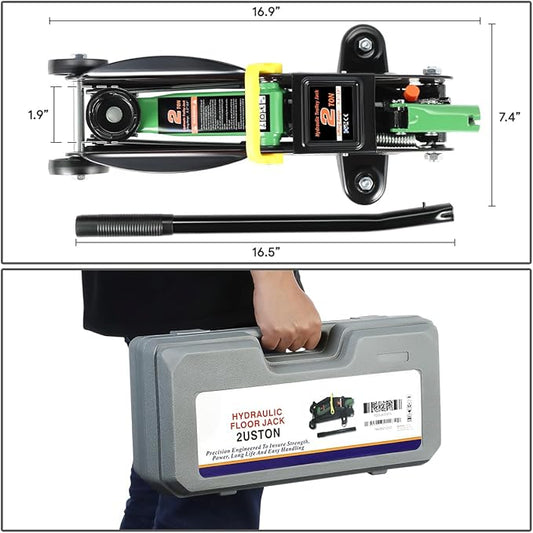 DNA MOTORING Low Profile Hydraulic Trolley Service/Floor Jack, 2 Ton (4000 lbs) Capacity, Lifting Range 5.1"-13", Green, TOOLS-00474-GR