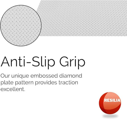 RESILIA Heavy Duty Garage Floor Runner & Protector Mat - Slip Resistant Diamond Plate PVC Mats - Water, Spill, & Stain Resistant, Silver (4 feet x 8 feet)
