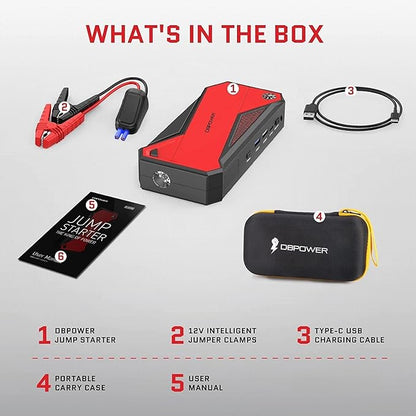 DBPOWER Peak 1600A 18000mAh Portable Car Jump Starter(up to 7.2 Gas, 5.5L Diesel Engines) Battery Booster with Smart Charging Port, LCD Display, Intelligent Jumper Clamps, Compass and LED Light