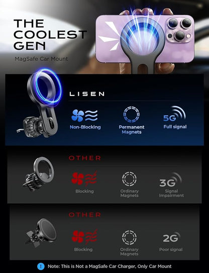 LISEN for MagSafe Car Mount Magnetic Car Phone Mount, Air Vent Phone Holder Car [Super Strong Magnets] Hands Free Cell Phone Holder 17X Strong Clip Car Accessories fit iPhone 16 15 14 13 Pro Plus Max