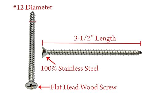 Bolt Dropper #12 X 3-1/2'' Stainless Steel Flat Head Phillips Wood Screw, (25 pc), 18-8 (304) Stainless Steel Sheet Metal Screws - Type A Point, Plain Finish