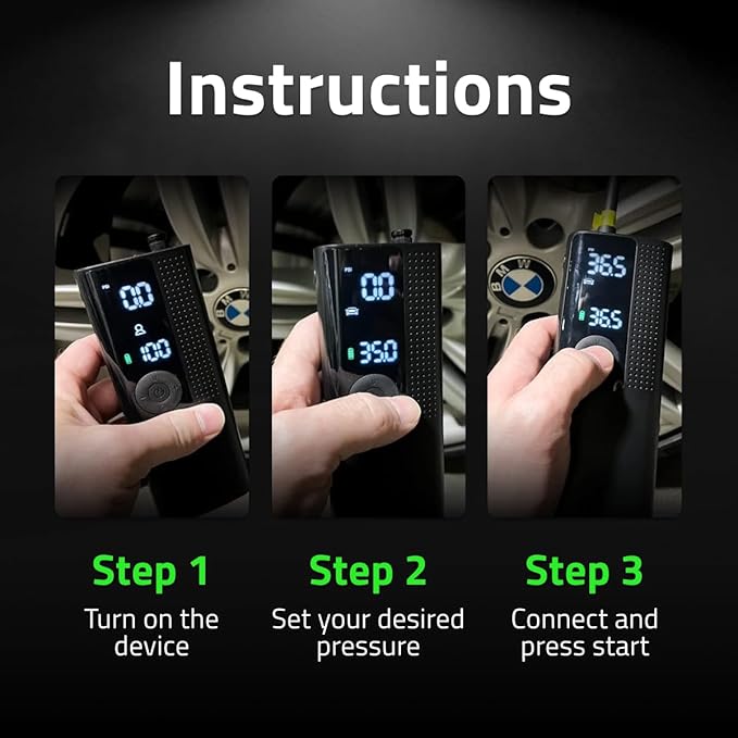 Airmoto Tire Inflator Portable Air Compressor - Air Pump For Car Tires with Digital Pressure Gauge, LED Light and Auto Shut-Off Function - Cordless Pump for Car, Motorcycle, Bicycle, Balls and More