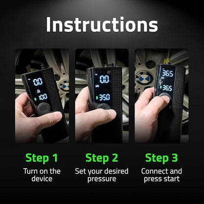 Airmoto Tire Inflator Portable Air Compressor - Air Pump For Car Tires with Digital Pressure Gauge, LED Light and Auto Shut-Off Function - Cordless Pump for Car, Motorcycle, Bicycle, Balls and More