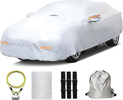 30 Layers Heavy Duty Car Cover for Automobiles All Weather Waterproof, Outdoor Snowproof UV Protection Windproof, Door Zipper, Soft Cotton Universal Car Covers (Silver, Fit Sedans 181"-190")