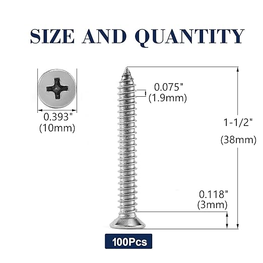 #12 x 1-1/2" Wood Screw 100Pcs 18-8 (304) Stainless Steel Screws Flat Head Phillips Fast Self Tapping Drywall Screws by SG TZH